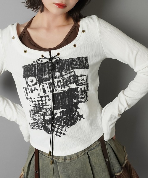 SPINNS(スピンズ)の「キャミ仕込みで差がつく☆ロマンスパンクレイヤードトップス(Tシャツ/カットソー・レディース・ブラック/杢グレー/オフホワイト・ONESIZE)」の12枚目の写真