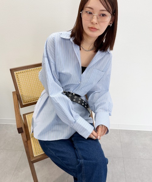mellomela.(メロメラ)の「ロング丈ボリュームスリーブビッグシャツ(シャツ/ブラウス・レディース・サックスブルー/ベージュ系その他2/ブルー系3/ホワイト系8・FREE)」の1枚目の写真