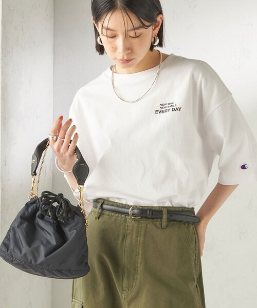 一部WEB限定/ SHIPS別注】Champion: 5分袖 ロゴ プリント TEE（Tシャツ