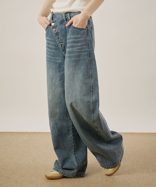 タグ付 クロスアンドクロス 裾フリンジカーブデニムパンツ Lサイズ cross waist curve pants/クロスウエストカーブパンツ（デニムパンツ