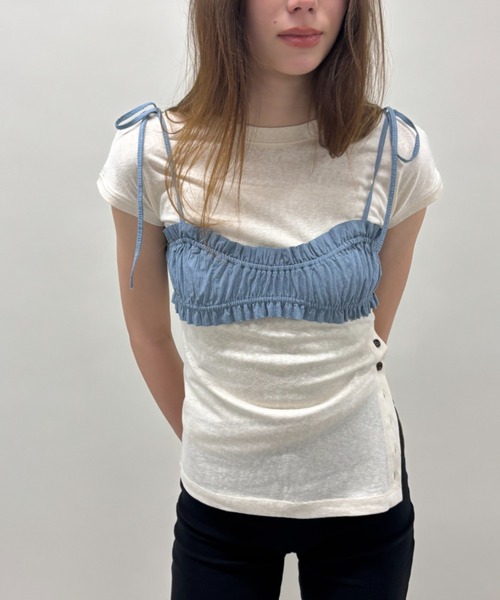 FUULLY STUDIO(フーリィーステューディオ)の「サイドボタンフレンチスリーブTEE(Tシャツ/カットソー・レディース・アイボリー/ブラック/ライトブルー・FREE)」の8枚目の写真