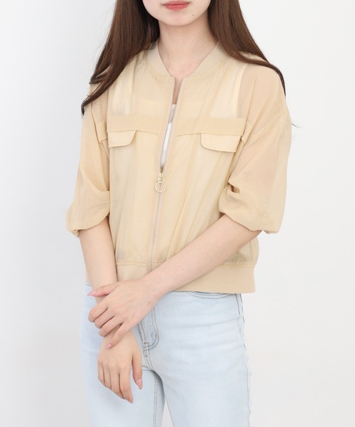 Anna Nicola(アンナニコラ)の「Anna Nicola コットンシアーブルゾン(ブルゾン・レディース・ブラック/ベージュ/ライトグリーン・38)」の1枚目の写真