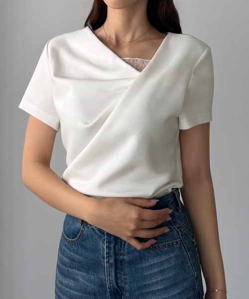 Louere（ルエレ）の「レース付きドレープアシメネックカットトップス（Tシャツ/カットソー・レディース・ホワイト/ブラック/チャコール/ピンク/ライトブルー・SMALL/LARGE/MEDIUM/X-LARGE）」の15枚目の写真
