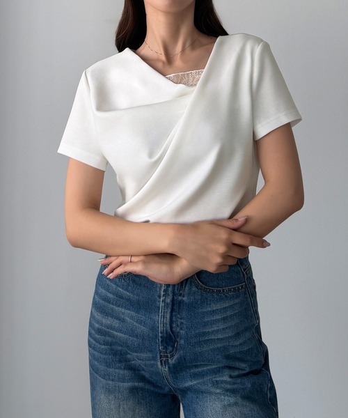 Louere（ルエレ）の「レース付きドレープアシメネックカットトップス（Tシャツ/カットソー・レディース・ホワイト/ブラック/チャコール/ピンク/ライトブルー・SMALL/LARGE/MEDIUM/X-LARGE）」の16枚目の写真
