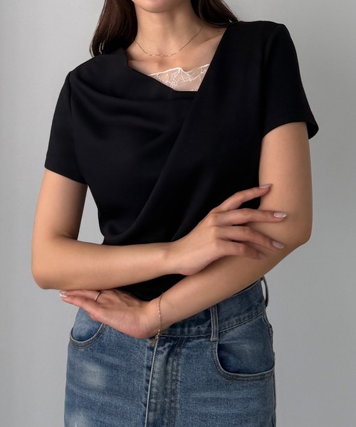 Louere（ルエレ）の「レース付きドレープアシメネックカットトップス（Tシャツ/カットソー・レディース・ホワイト/ブラック/チャコール/ピンク/ライトブルー・SMALL/LARGE/MEDIUM/X-LARGE）」の19枚目の写真