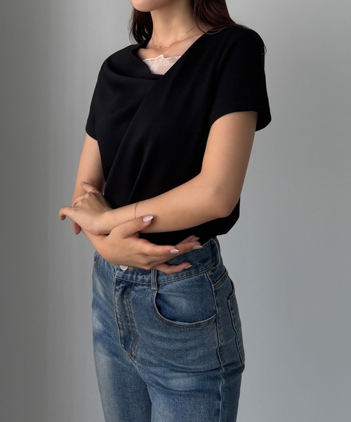 Louere（ルエレ）の「レース付きドレープアシメネックカットトップス（Tシャツ/カットソー・レディース・ホワイト/ブラック/チャコール/ピンク/ライトブルー・SMALL/LARGE/MEDIUM/X-LARGE）」の20枚目の写真