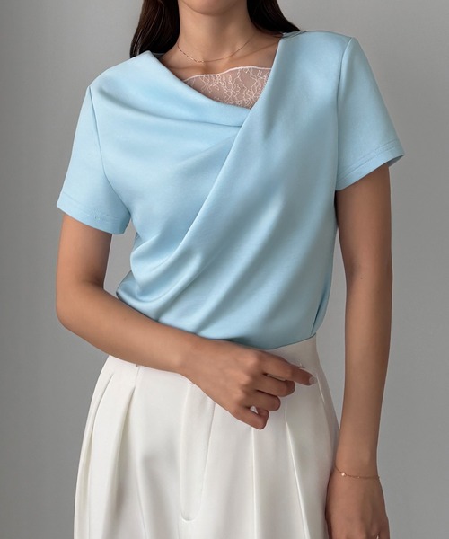 Louere（ルエレ）の「レース付きドレープアシメネックカットトップス（Tシャツ/カットソー・レディース・ホワイト/ブラック/チャコール/ピンク/ライトブルー・SMALL/LARGE/MEDIUM/X-LARGE）」の13枚目の写真