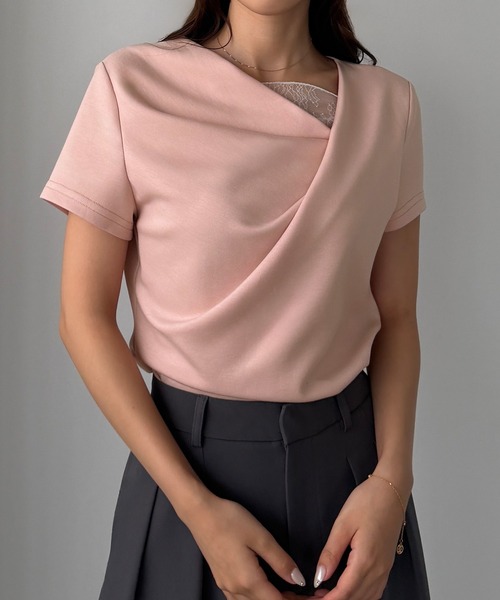 Louere（ルエレ）の「レース付きドレープアシメネックカットトップス（Tシャツ/カットソー・レディース・ホワイト/ブラック/チャコール/ピンク/ライトブルー・SMALL/LARGE/MEDIUM/X-LARGE）」の9枚目の写真