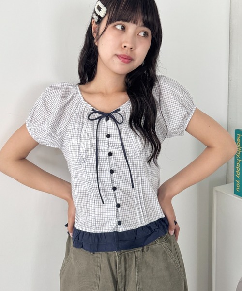 SOLLON.（ソルロン）の「キャンディチェックフリルブラウス（シャツ/ブラウス・レディース・レッド/ライトブルー/イエロー/ネイビー・FREE）」の15枚目の写真