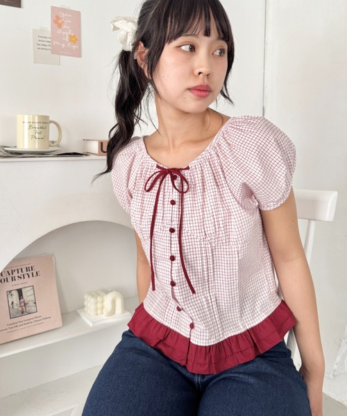 SOLLON.（ソルロン）の「キャンディチェックフリルブラウス（シャツ/ブラウス・レディース・レッド/ライトブルー/イエロー/ネイビー・FREE）」の8枚目の写真