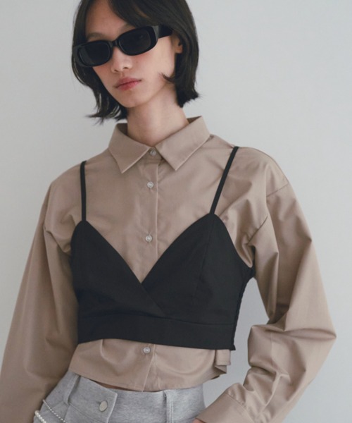 SOEMIN(ソミン)の「Bustier set with long sleeve shirt/ビスチェセット長袖シャツ(シャツ/ブラウス・レディース・ホワイト/ストライプ/ピンク/ベージュ・FREE)」の1枚目の写真