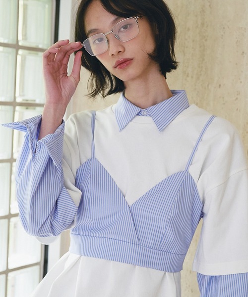 SOEMIN(ソミン)の「Bustier set with long sleeve shirt/ビスチェセット長袖シャツ(シャツ/ブラウス・レディース・ホワイト/ストライプ/ピンク/ベージュ・FREE)」の4枚目の写真