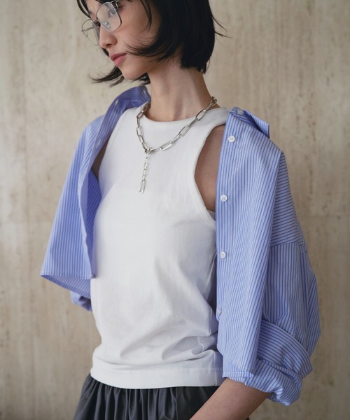 SOEMIN(ソミン)の「Bustier set with long sleeve shirt/ビスチェセット長袖シャツ(シャツ/ブラウス・レディース・ホワイト/ストライプ/ピンク/ベージュ・FREE)」の10枚目の写真