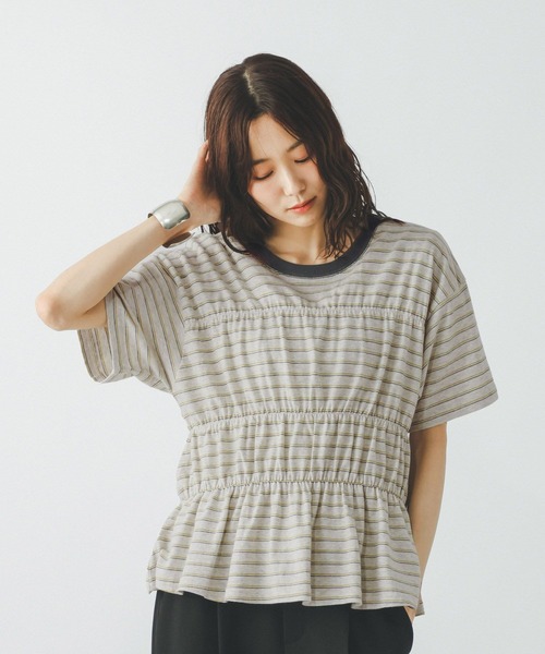 GLOBAL WORK(グローバルワーク)の「シャーリングボーダーT/713265(Tシャツ/カットソー・レディース・杢グレー/ホワイト系8・MEDIUM/LARGE)」の2枚目の写真