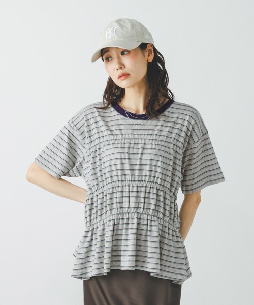 GLOBAL WORK(グローバルワーク)の「シャーリングボーダーT/713265(Tシャツ/カットソー・レディース・杢グレー/ホワイト系8・MEDIUM/LARGE)」の1枚目の写真