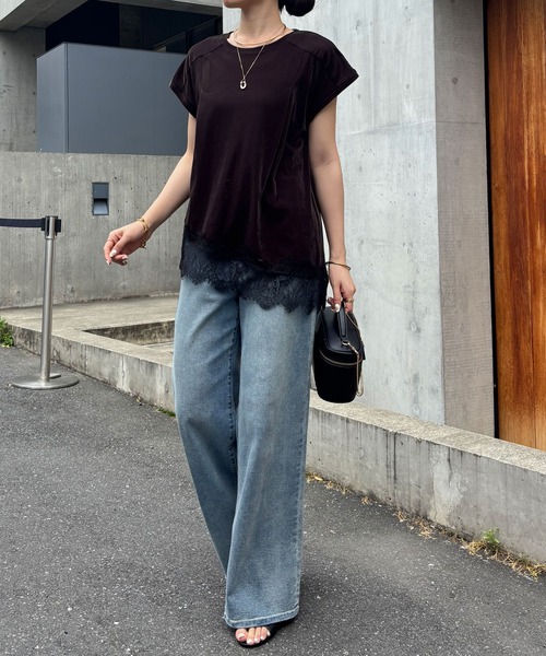 COLLAGE GALLARDAGALANTE（コラージュガリャルダガランテ）の「レースドッキングベロアシアーTシャツ/ZOZO限定（Tシャツ/カットソー・レディース・ブラウン/ブラック・FREE）」の10枚目の写真