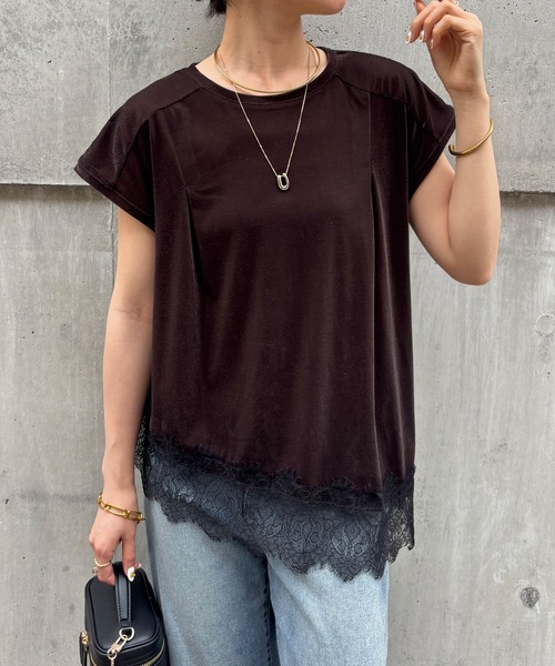 COLLAGE GALLARDAGALANTE（コラージュガリャルダガランテ）の「レースドッキングベロアシアーTシャツ/ZOZO限定（Tシャツ/カットソー・レディース・ブラウン/ブラック・FREE）」の3枚目の写真