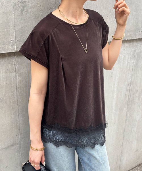 COLLAGE GALLARDAGALANTE（コラージュガリャルダガランテ）の「レースドッキングベロアシアーTシャツ/ZOZO限定（Tシャツ/カットソー・レディース・ブラウン/ブラック・FREE）」の4枚目の写真