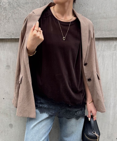COLLAGE GALLARDAGALANTE（コラージュガリャルダガランテ）の「レースドッキングベロアシアーTシャツ/ZOZO限定（Tシャツ/カットソー・レディース・ブラウン/ブラック・FREE）」の5枚目の写真