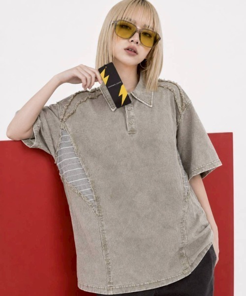 KAMINARI_TOKIO(カミナリトキオ)の「切替ヴィンテージポロTシャツ(Tシャツ/カットソー・レディース・ベージュ/ブラック・FREE)」の1枚目の写真