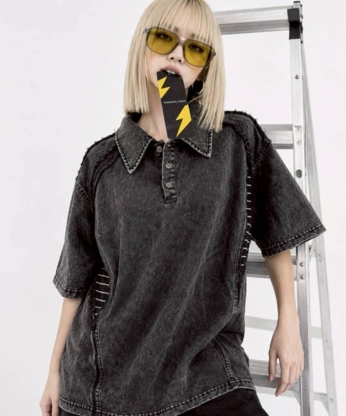 KAMINARI_TOKIO(カミナリトキオ)の「切替ヴィンテージポロTシャツ(Tシャツ/カットソー・レディース・ベージュ/ブラック・FREE)」の12枚目の写真