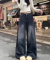 ウォッシュ加工 ヴィンテージ風 3Dフラワー デニムパンツ
