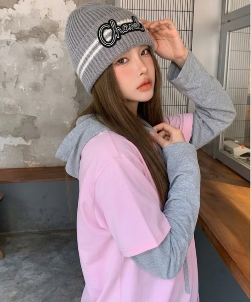CHEER(チアー)の「英字ロゴ レイヤード風フード付きロンT / ビッグシルエット パーカードッキングTシャツ(Tシャツ/カットソー・レディース・イエロー/ピンク・FREE)」の12枚目の写真