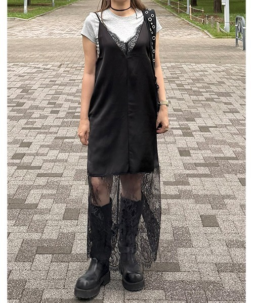 セール】【yc__mam コラボ】レースドッキング サテン キャミワンピース