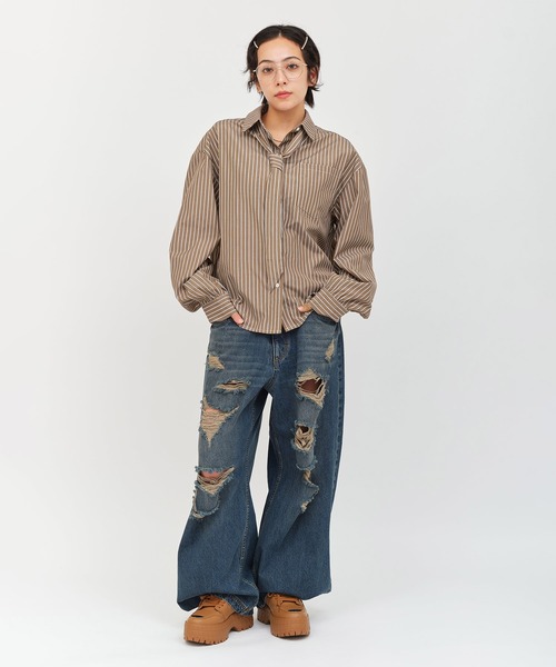 atmos pink(アトモスピンク)の「atmos pink Neck-Tie Stripe Shirt / アトモス ピンク ネクタイ ストライプ シャツ(シャツ/ブラウス・レディース・ブラウン/ブルー・FREE)」の12枚目の写真