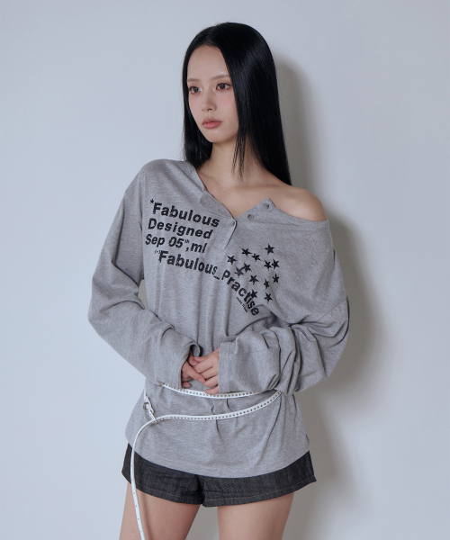 5OML(オーオーエムエル)の「ルーズフィット ヘンリーネック ロングスリーブ(メランジグレー)(Tシャツ/カットソー・レディース・グレー・FREE)」の1枚目の写真