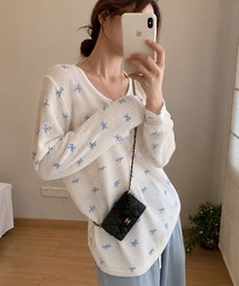 【EIZZ/アイズ】リボン総柄 プリント リブ ルーズカットソー / 長袖 Tシャツ