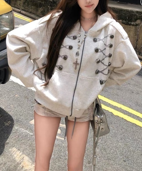Lis ardent(リスアルダン)の「2026AW ナポレオンデザイン レースアップ ジップパーカー(パーカー・レディース・ダークグレー/ライトグレー・M)」の9枚目の写真