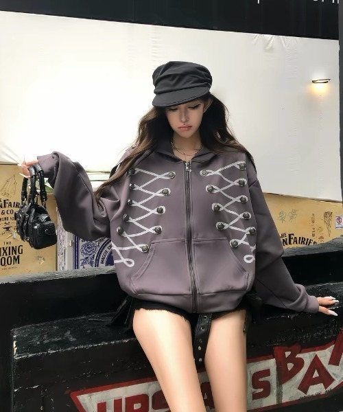 Lis ardent(リスアルダン)の「2026AW ナポレオンデザイン レースアップ ジップパーカー(パーカー・レディース・ダークグレー/ライトグレー・M)」の11枚目の写真