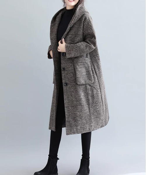 CHUL(チュル)の「グレンチェックフーデッドロングコート(チェスターコート・レディース・ブラウン/グレー・MEDIUM/LARGE/X-LARGE/XX-LARGE)」の2枚目の写真