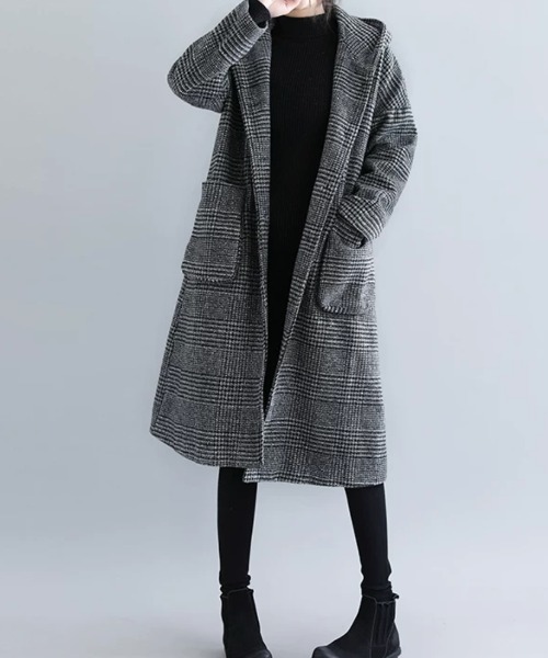 CHUL(チュル)の「グレンチェックフーデッドロングコート(チェスターコート・レディース・ブラウン/グレー・MEDIUM/LARGE/X-LARGE/XX-LARGE)」の1枚目の写真