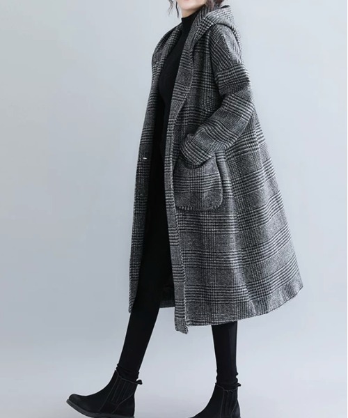 CHUL(チュル)の「グレンチェックフーデッドロングコート(チェスターコート・レディース・ブラウン/グレー・MEDIUM/LARGE/X-LARGE/XX-LARGE)」の3枚目の写真