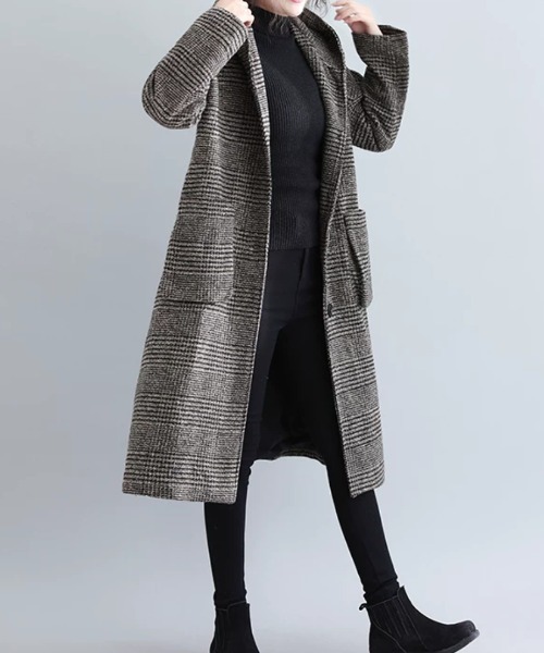 CHUL(チュル)の「グレンチェックフーデッドロングコート(チェスターコート・レディース・ブラウン/グレー・MEDIUM/LARGE/X-LARGE/XX-LARGE)」の4枚目の写真