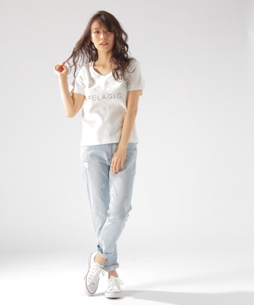 BAYFLOW(ベイフロー)の「BAYFLOW/ピグメントプリントT(Tシャツ/カットソー・レディース・オフホワイト/イエロー/オレンジ・SMALL/MEDIUM)」の4枚目の写真