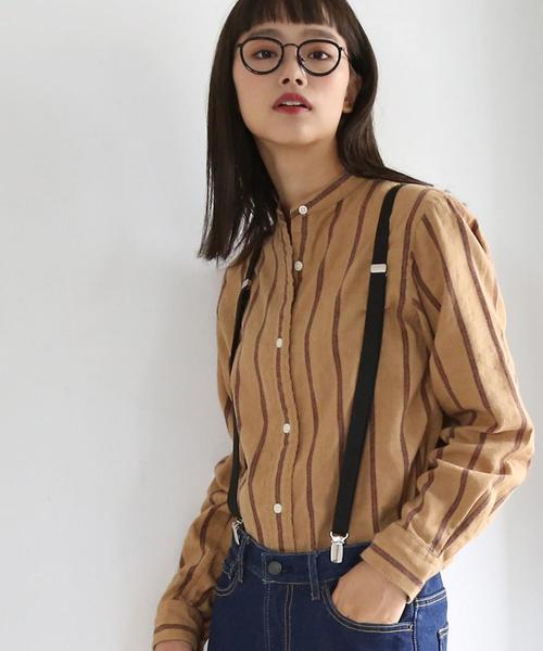 coen（コーエン）の「ウィンターリネンストライプシャツ（シャツ/ブラウス・レディース・ベージュ/ネイビー・SMALL/MEDIUM/LARGE）」の2枚目の写真