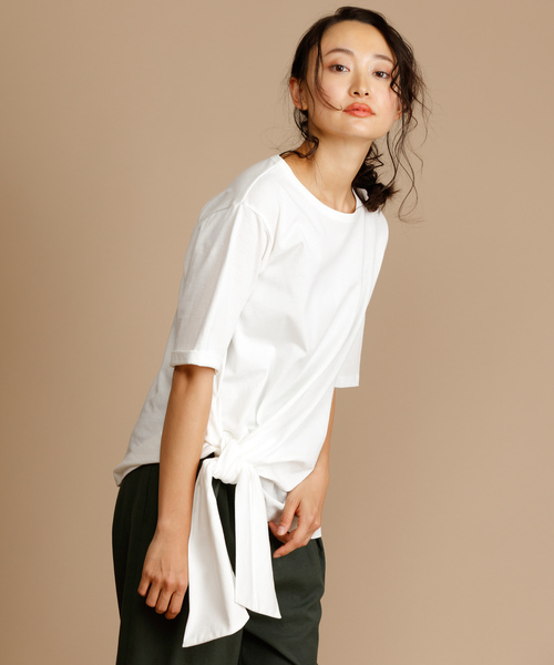 Munich（ミューニック）の「度詰め天竺カットソーサイドリボン五分袖クルーネックプルオーバー（Tシャツ/カットソー・レディース・ホワイト/ベージュ/ネイビー/ラベンダー・FREE）」の10枚目の写真