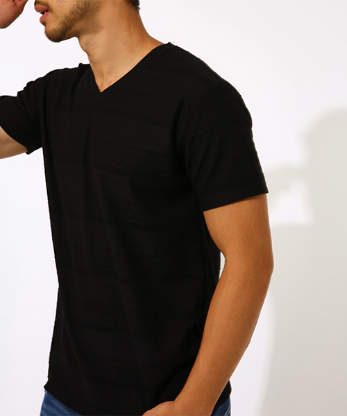 AZUL by moussy（アズールバイマウジー）の「TACK JACQUARD BORDER T-SHIRT/タックジャガードボーダーＴシャツ（Tシャツ/カットソー・メンズ・ホワイト/ブラック/ホワイト系その他・LARGE/SMALL/MEDIUM/X-LARGE）」の4枚目の写真