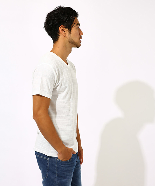 AZUL by moussy（アズールバイマウジー）の「TACK JACQUARD BORDER T-SHIRT/タックジャガードボーダーＴシャツ（Tシャツ/カットソー・メンズ・ホワイト/ブラック/ホワイト系その他・LARGE/SMALL/MEDIUM/X-LARGE）」の12枚目の写真