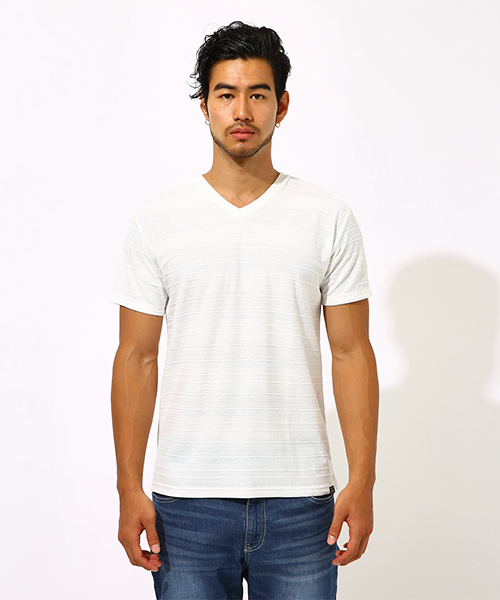 AZUL by moussy（アズールバイマウジー）の「TACK JACQUARD BORDER T-SHIRT/タックジャガードボーダーＴシャツ（Tシャツ/カットソー・メンズ・ホワイト/ブラック/ホワイト系その他・LARGE/SMALL/MEDIUM/X-LARGE）」の14枚目の写真