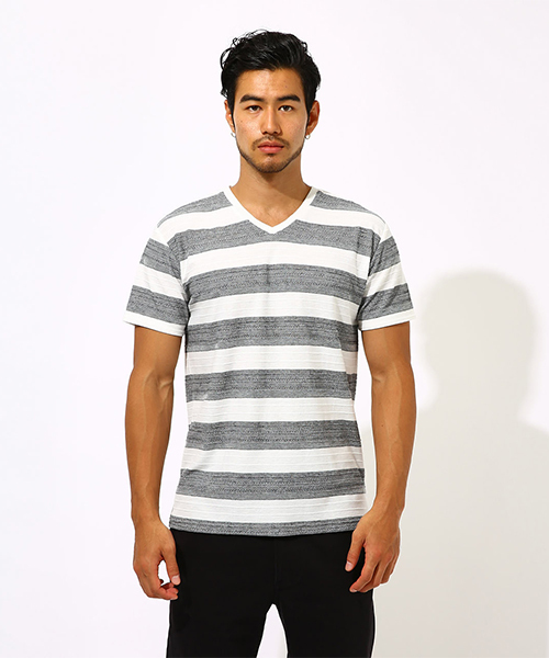 AZUL by moussy（アズールバイマウジー）の「TACK JACQUARD BORDER T-SHIRT/タックジャガードボーダーＴシャツ（Tシャツ/カットソー・メンズ・ホワイト/ブラック/ホワイト系その他・LARGE/SMALL/MEDIUM/X-LARGE）」の22枚目の写真