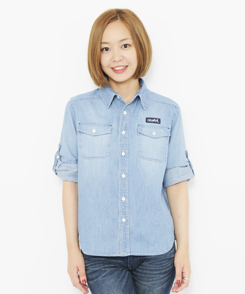 X-girl（エックスガール）の「SUMMER DENIM SHIRT（シャツ/ブラウス・レディース・インディゴブルー/ライトインディゴブルー/マルチ・2/1）」の11枚目の写真