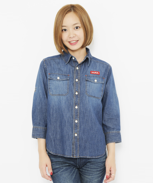 X-girl（エックスガール）の「SUMMER DENIM SHIRT（シャツ/ブラウス・レディース・インディゴブルー/ライトインディゴブルー/マルチ・2/1）」の12枚目の写真