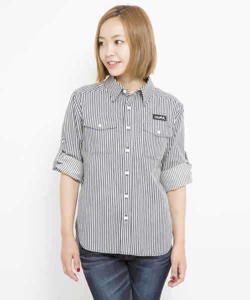 X-girl（エックスガール）の「SUMMER DENIM SHIRT（シャツ/ブラウス・レディース・インディゴブルー/ライトインディゴブルー/マルチ・2/1）」の6枚目の写真