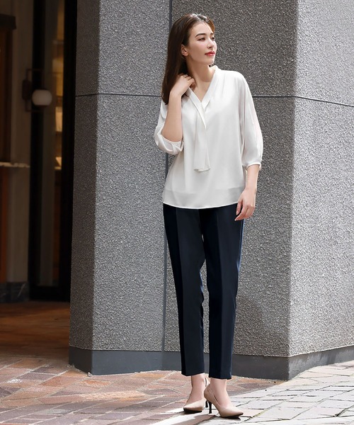 ブラウス 七分袖 シフォン ボウタイ レディース セットアップ 婦人服 ボタンダウン カットソー ロングパンツ 総柄 ゆったり 通気性 wangdu16_01a.jpg