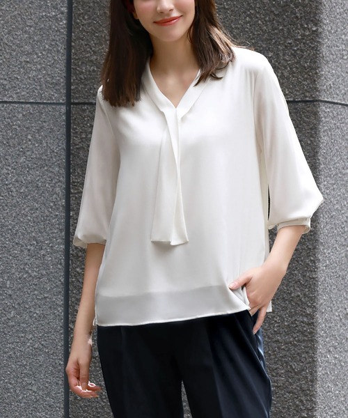 セール】Vネックボウタイ風シフォン七分袖ブラウス オフィス