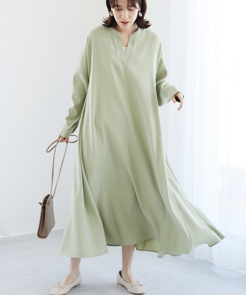 Green Parks(グリーンパークス)の「・novem 9 Aラインノーカラーシャツワンピース*★(シャツワンピース・レディース・アイボリー/モカ/ライトブルー/ライトカーキ・FREE)」の3枚目の写真